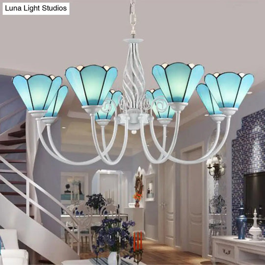 Traditional Multi Light Conical Chandelier With White Gooseneck And Blue Glass Pendant For Living