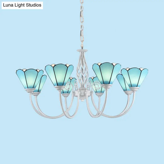 Traditional Multi Light Conical Chandelier With White Gooseneck And Blue Glass Pendant For Living