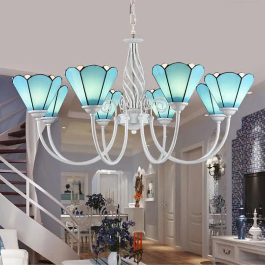 Conical Chandelier With Multi Lights And Traditional Blue Glass Pendant For Living Room