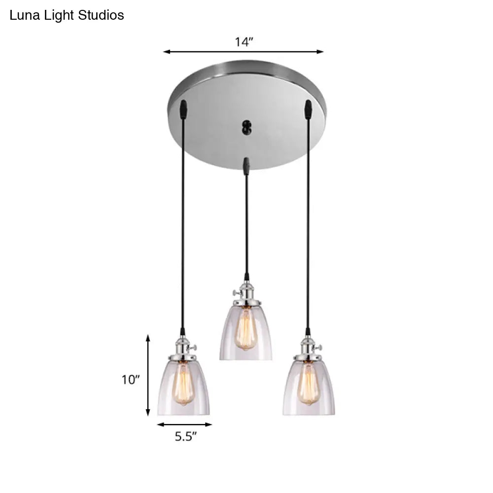 3-Light Industrial Conical Clear Glass Pendant Light Set In Chrome - Multiple Hanging Options