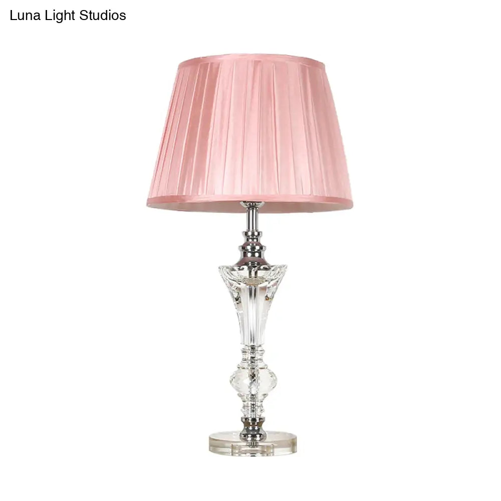 Conical Fabric Night Lamp In Pink/Blue/Beige With Crystal Base - Single Head Table Light