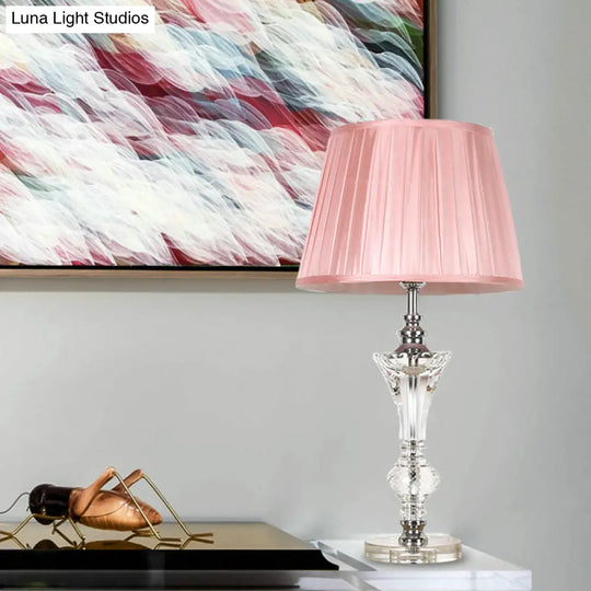 Conical Fabric Night Lamp In Pink/Blue/Beige With Crystal Base - Single Head Table Light