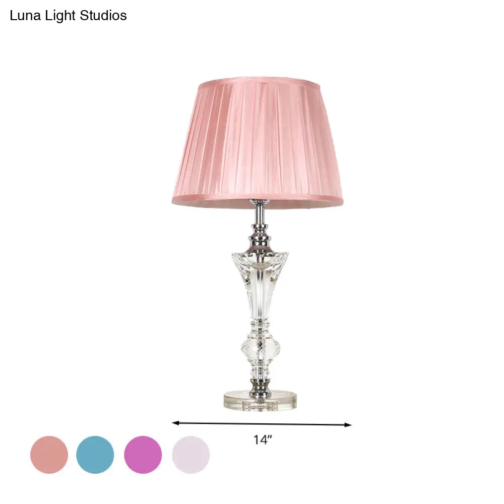 Conical Fabric Night Lamp In Pink/Blue/Beige With Crystal Base - Single Head Table Light