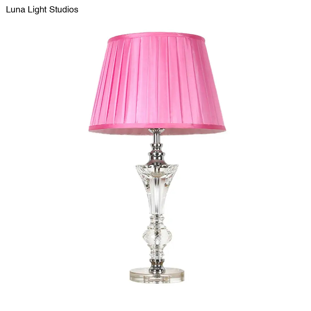 Conical Fabric Night Lamp In Pink/Blue/Beige With Crystal Base - Single Head Table Light