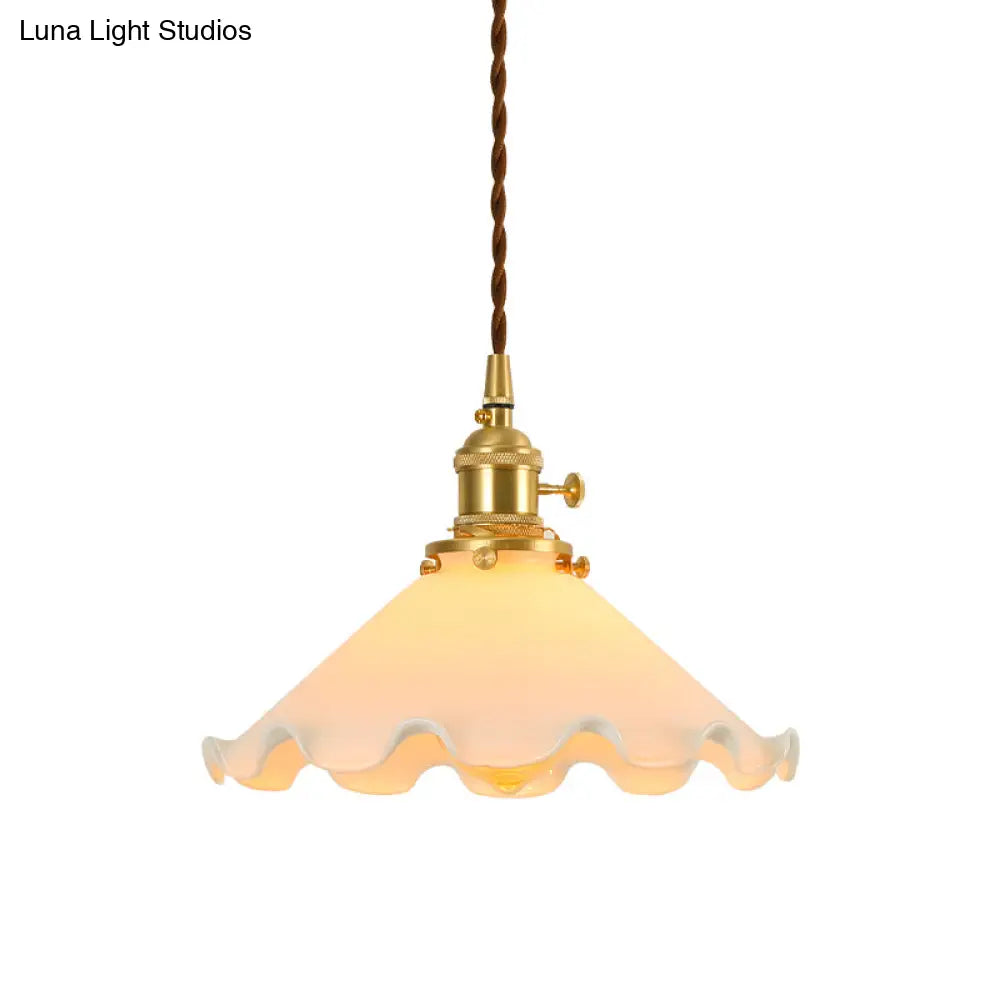 Conical Frosted Glass Drop Pendant Ceiling Lamp With Ruffle Edge For Bedroom - 1-Light Pastoral