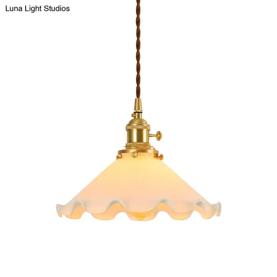 Conical Frosted Glass Drop Pendant Ceiling Lamp With Ruffle Edge For Bedroom - 1-Light Pastoral