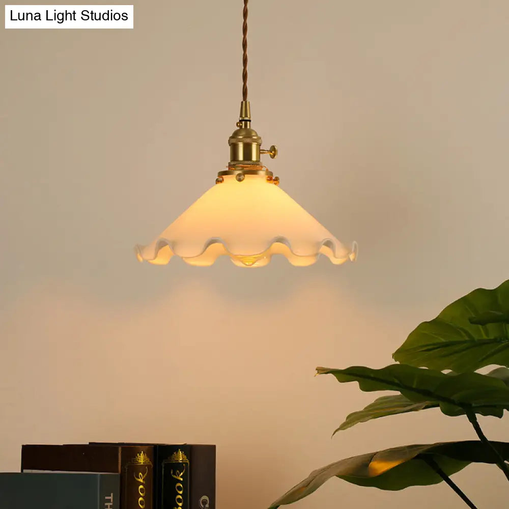 Conical Frosted Glass Drop Pendant Ceiling Lamp With Ruffle Edge For Bedroom - 1-Light Pastoral