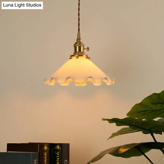 Conical Frosted Glass Drop Pendant Ceiling Lamp With Ruffle Edge For Bedroom - 1-Light Pastoral