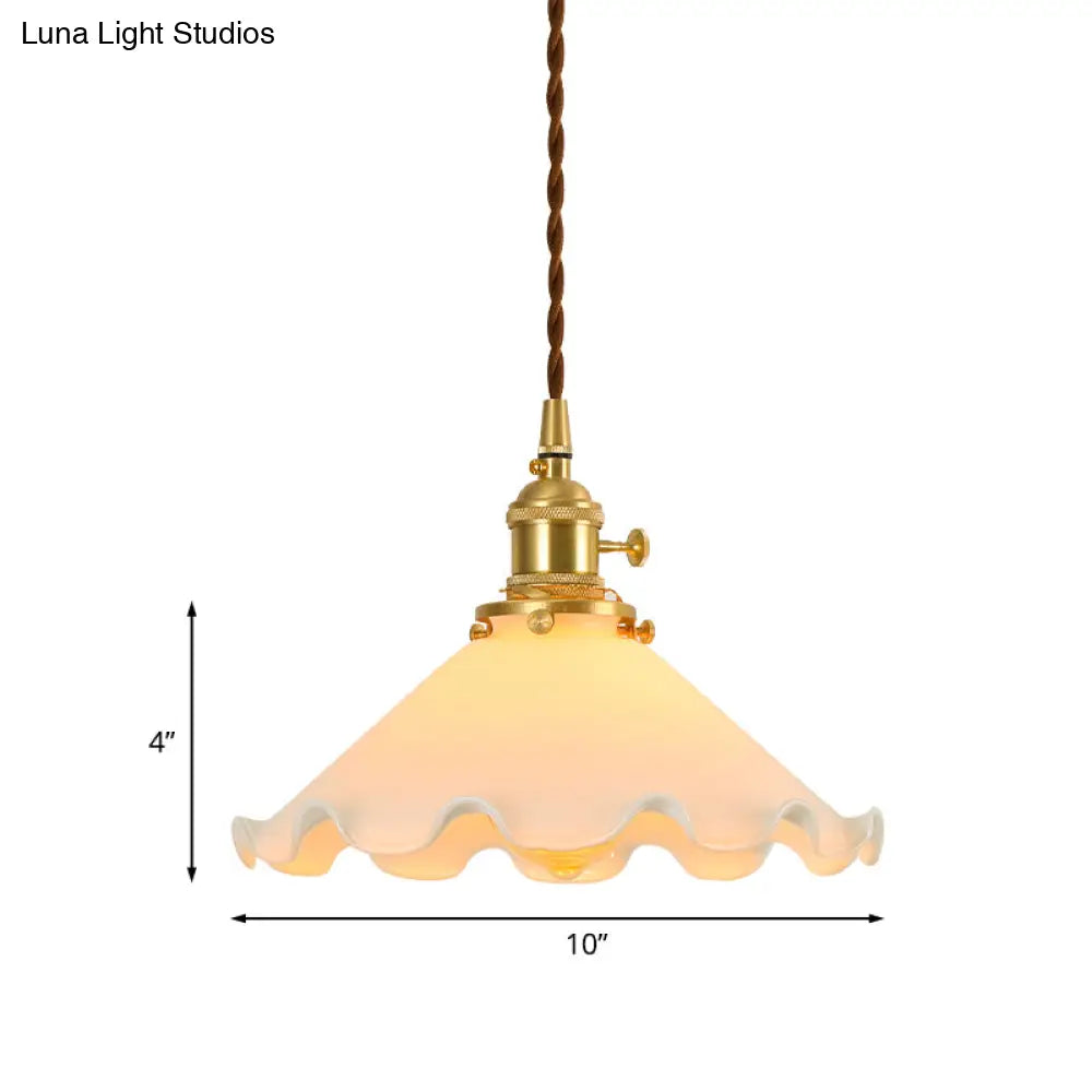 Conical Frosted Glass Drop Pendant Ceiling Lamp With Ruffle Edge For Bedroom - 1-Light Pastoral