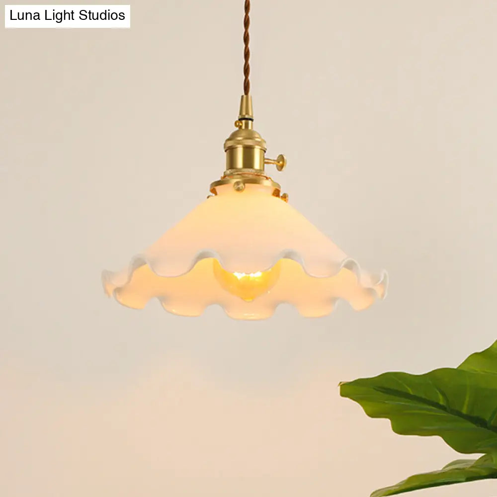 Conical Frosted Glass Drop Pendant Ceiling Lamp With Ruffle Edge For Bedroom - 1-Light Pastoral