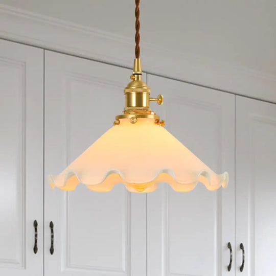 Conical Frosted Glass Drop Pendant Ceiling Lamp With Ruffle Edge For Bedroom - 1-Light Pastoral