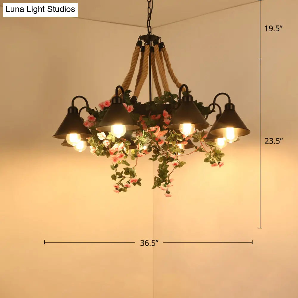 Conical Iron Chandelier - 8-Head Dining Room Hanging Lamp With Vine Decor Warehouse Styling