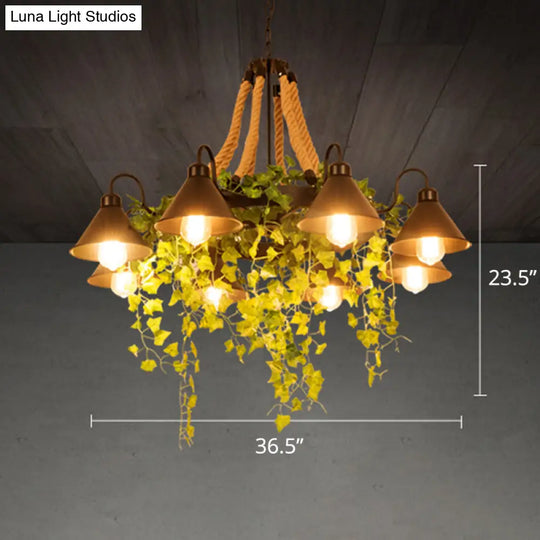 Conical Iron Chandelier - 8-Head Dining Room Hanging Lamp With Vine Decor Warehouse Styling