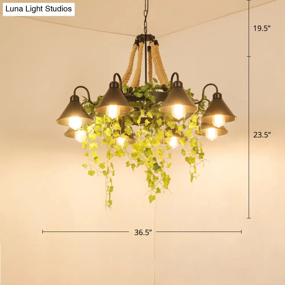 Conical Iron Chandelier - 8-Head Dining Room Hanging Lamp With Vine Decor Warehouse Styling