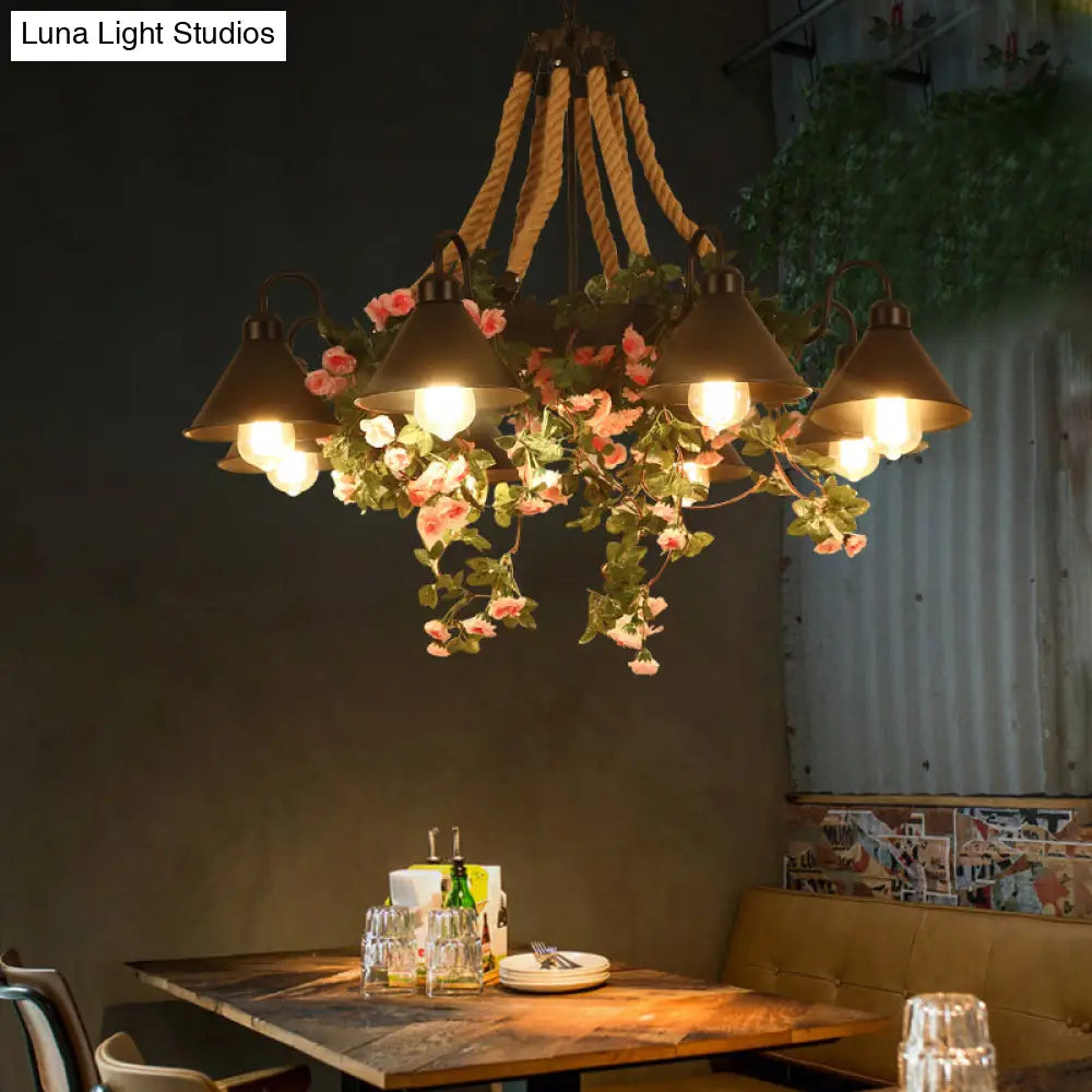 Conical Iron Chandelier - 8-Head Dining Room Hanging Lamp With Vine Decor Warehouse Styling