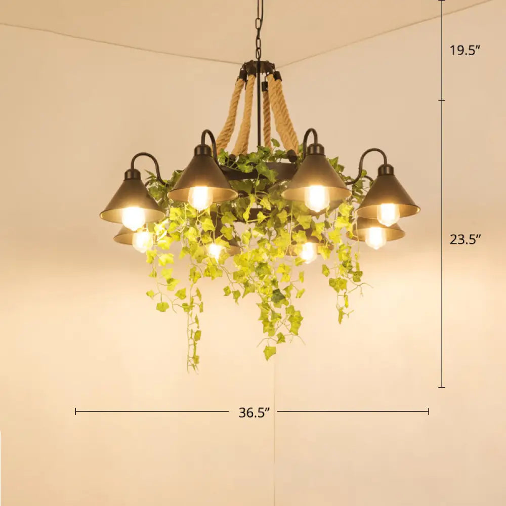 Conical Iron Chandelier - 8-Head Dining Room Hanging Lamp With Vine Decor Warehouse Styling Green