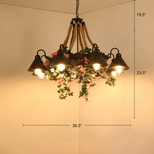 Conical Iron Chandelier - 8-Head Dining Room Hanging Lamp With Vine Decor Warehouse Styling Pink