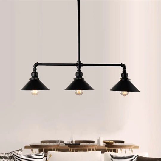 Conical Island Farmhouse Lighting - Black Metallic 3-Bulb Ceiling Light For Dining Room