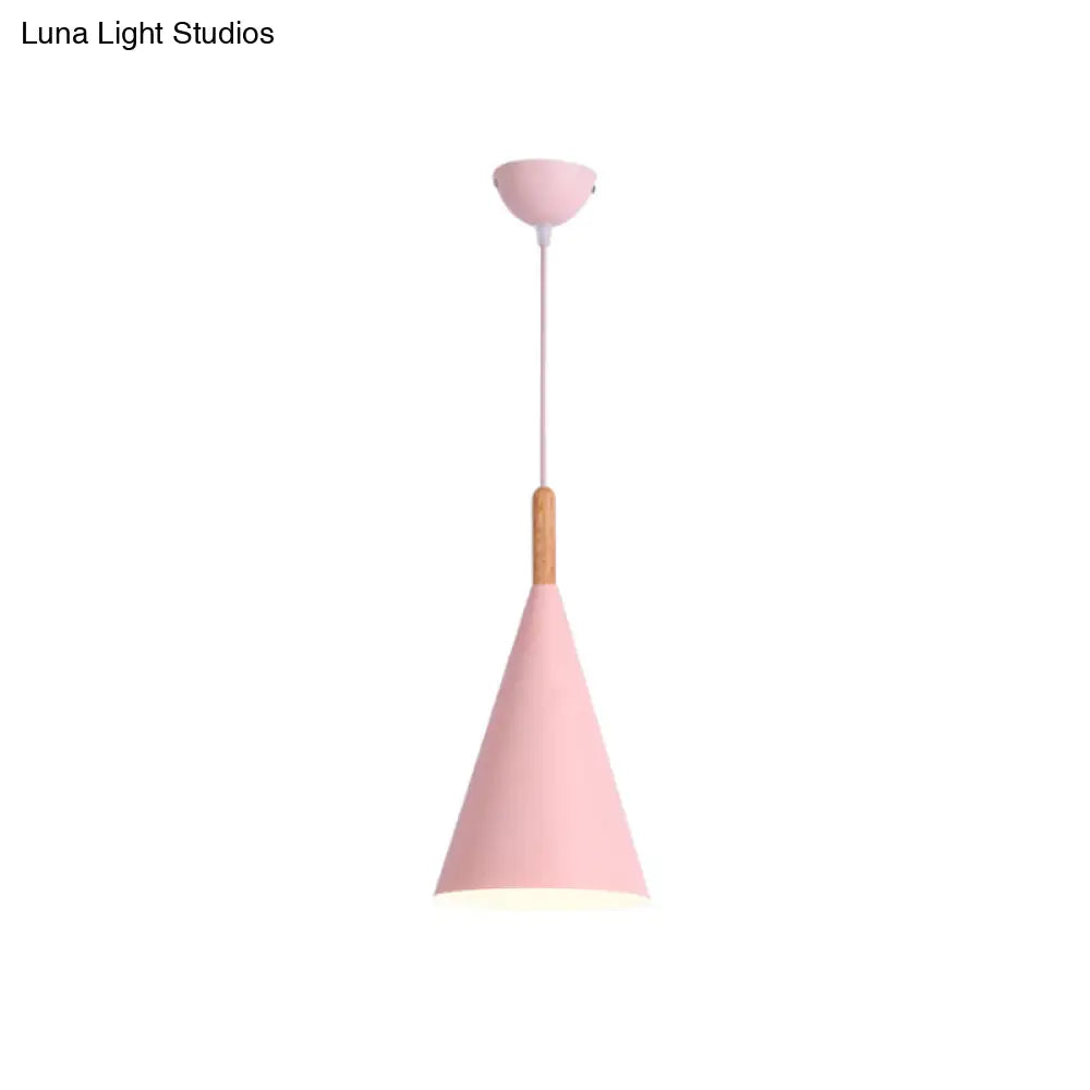 Conical Kindergarten Ceiling Pendant - 1-Light Macaron Hanging Light Fixture In Pink/Yellow/Grey