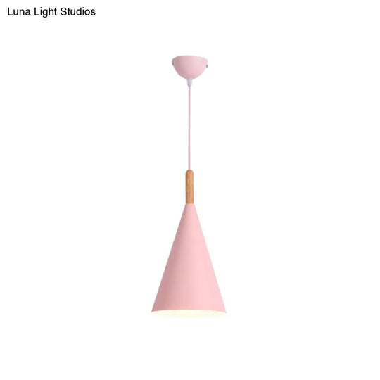 Conical Kindergarten Ceiling Pendant - 1-Light Macaron Hanging Light Fixture In Pink/Yellow/Grey