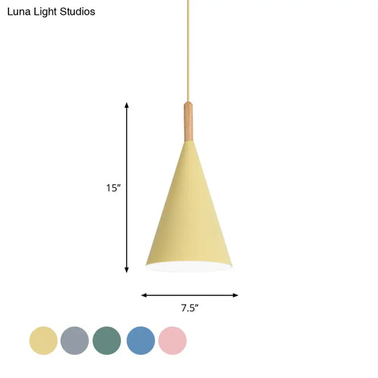 Conical Kindergarten Ceiling Pendant - 1-Light Macaron Hanging Light Fixture In Pink/Yellow/Grey