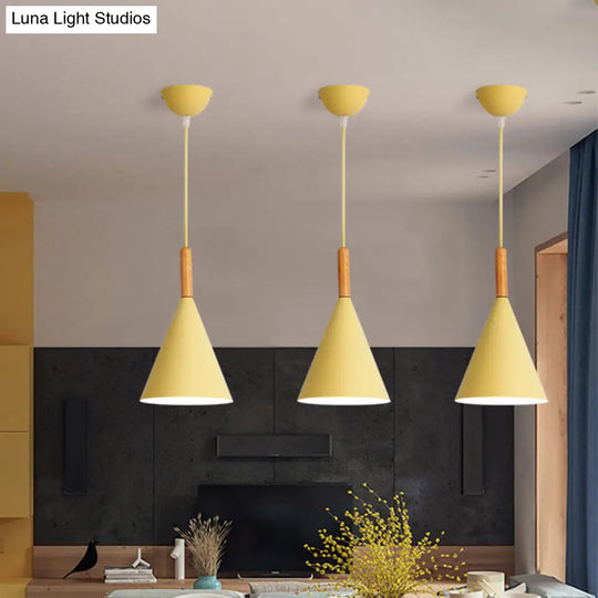 Conical Kindergarten Ceiling Pendant - 1-Light Macaron Hanging Light Fixture In Pink/Yellow/Grey