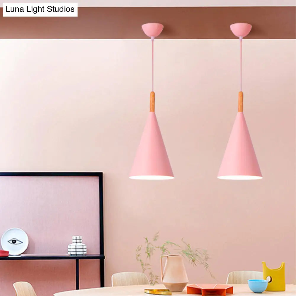 Conical Kindergarten Ceiling Pendant - 1-Light Macaron Hanging Light Fixture In Pink/Yellow/Grey