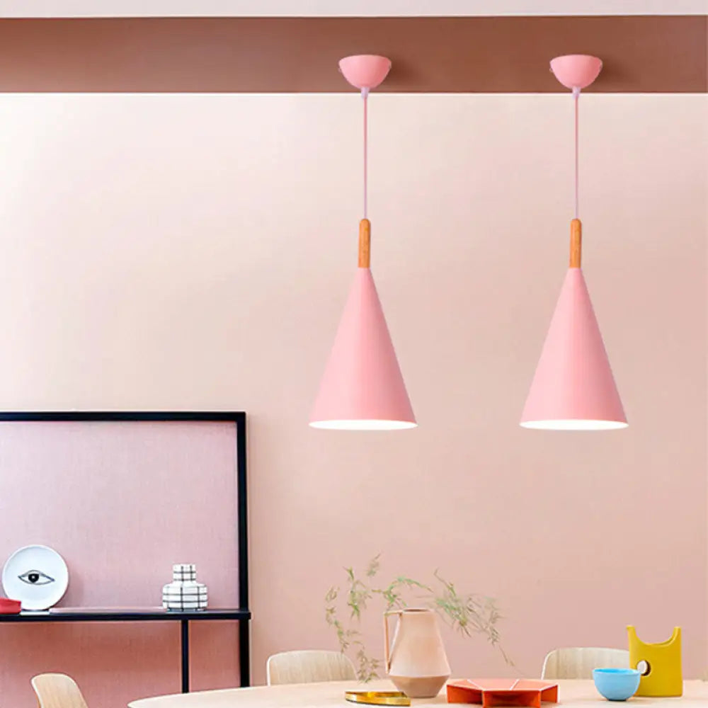 Conical Kindergarten Ceiling Pendant - 1-Light Macaron Hanging Light Fixture In Pink/Yellow/Grey