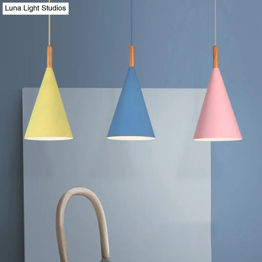 Conical Kindergarten Ceiling Pendant - 1-Light Macaron Hanging Light Fixture In Pink/Yellow/Grey