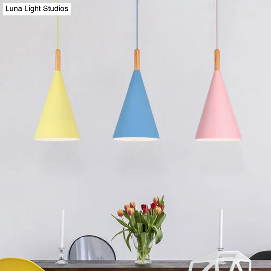 Conical Kindergarten Ceiling Pendant - 1-Light Macaron Hanging Light Fixture In Pink/Yellow/Grey