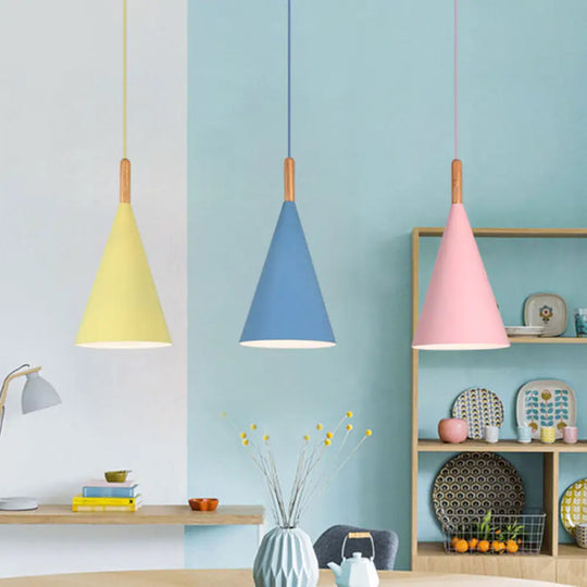 Conical Kindergarten Ceiling Pendant - 1-Light Macaron Hanging Light Fixture In Pink/Yellow/Grey