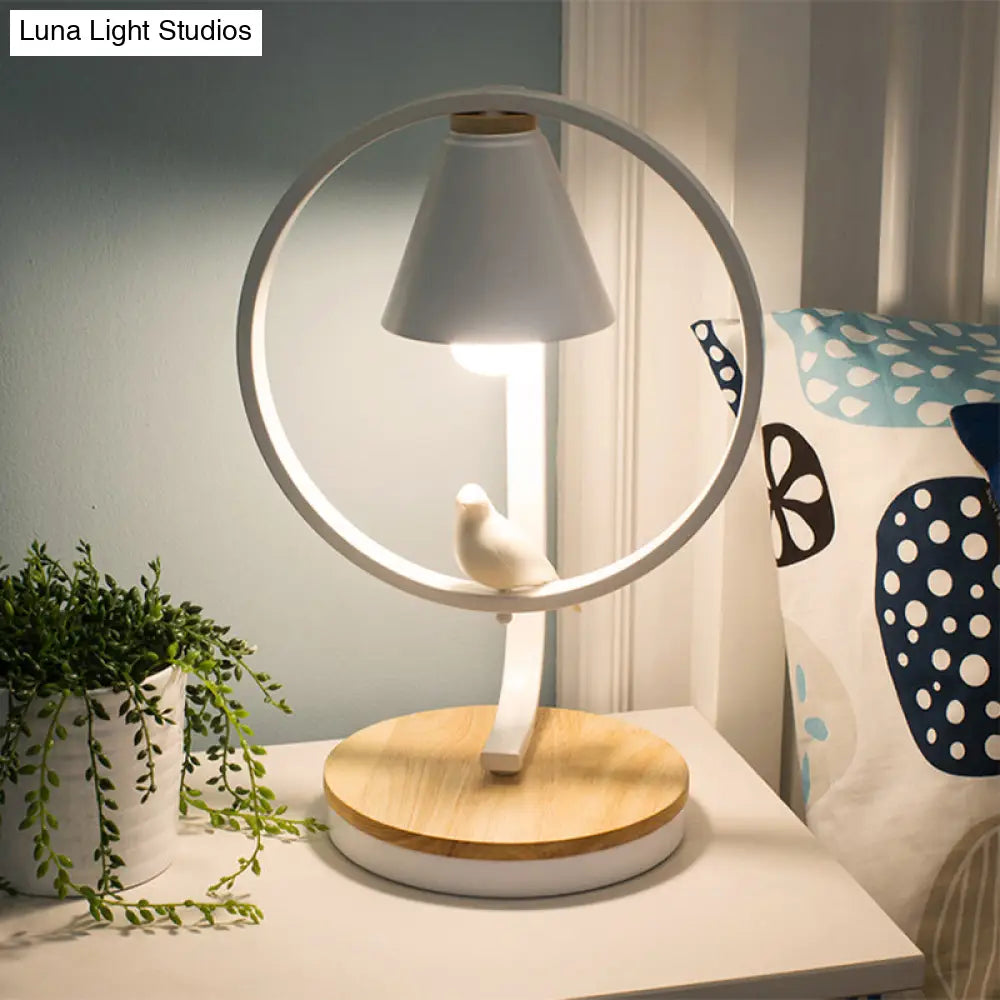 Conical Metal Desk Light With Modern Pigeon Deco Reading In White - Perfect For Dorms