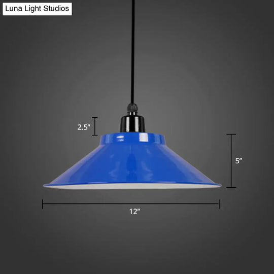 Metal Conical Ceiling Lamp With Rolled Edge - Stylish Hanging Light Blue / 12