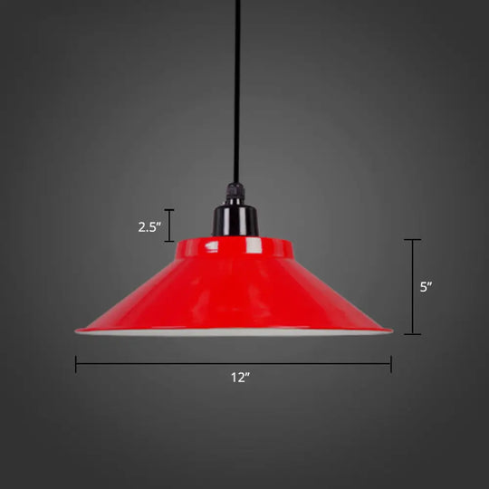 Conical Metal Hanging Light With Rolled Edge - 1-Light Ceiling Suspension Lamp For Loft Décor Red