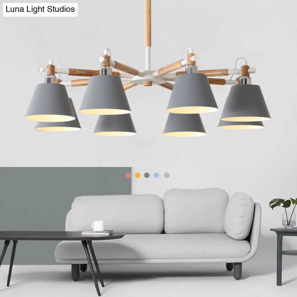 Conical Metal Pendant Lamp With Macaron Wood Design - Stylish Ceiling Chandelier Light For Living