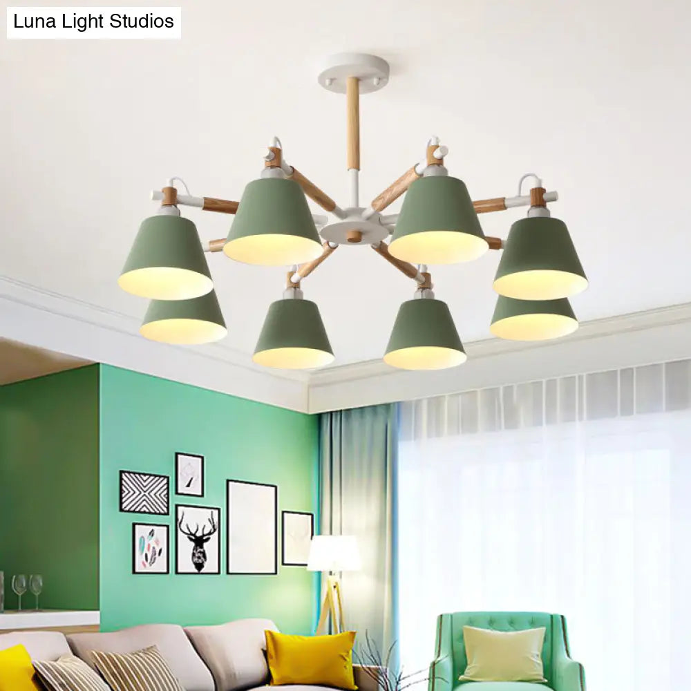 Conical Metal Pendant Lamp With Macaron Wood Design - Stylish Ceiling Chandelier Light For Living