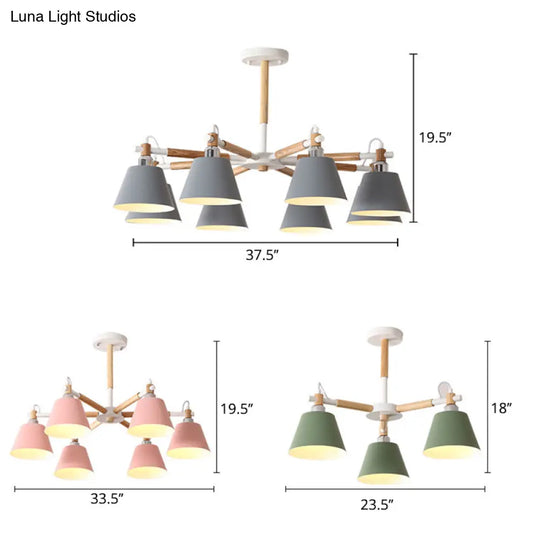 Conical Metal Pendant Lamp With Macaron Wood Design - Stylish Ceiling Chandelier Light For Living