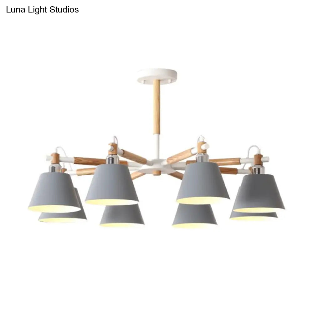 Conical Metal Pendant Lamp With Macaron Wood Design - Stylish Ceiling Chandelier Light For Living