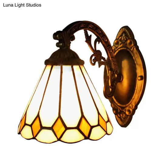 Conical Mini Wall Sconce With Scalloped Shade Art Glass Tiffany Lighting In Brass