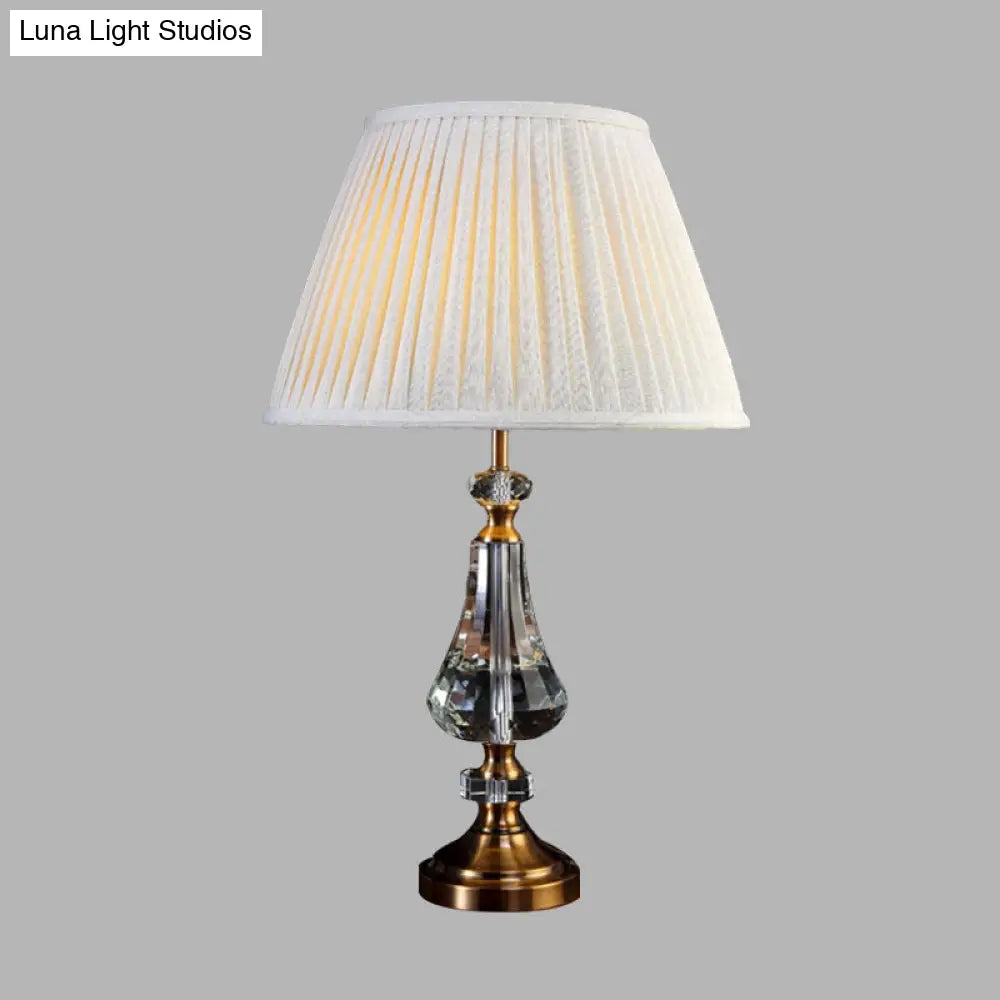 Conical Night Table Lamp - Cream Gray Fabric Crystal Base Sleek Design