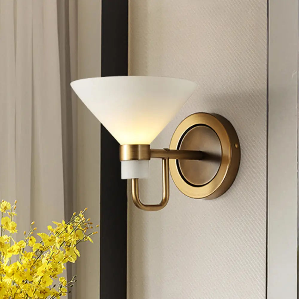 Conical Opal Glass Wall Mount Lamp With Brass Finish - Traditional Design