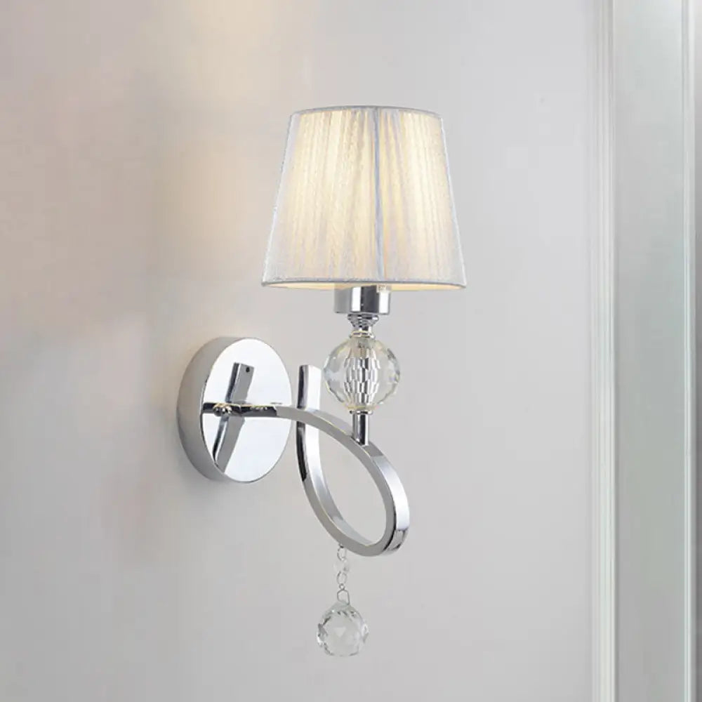 Conical Parlor Wall Lamp Fixture: 1-Light Classic Fabric Lighting With Crystal Drop In Chrome