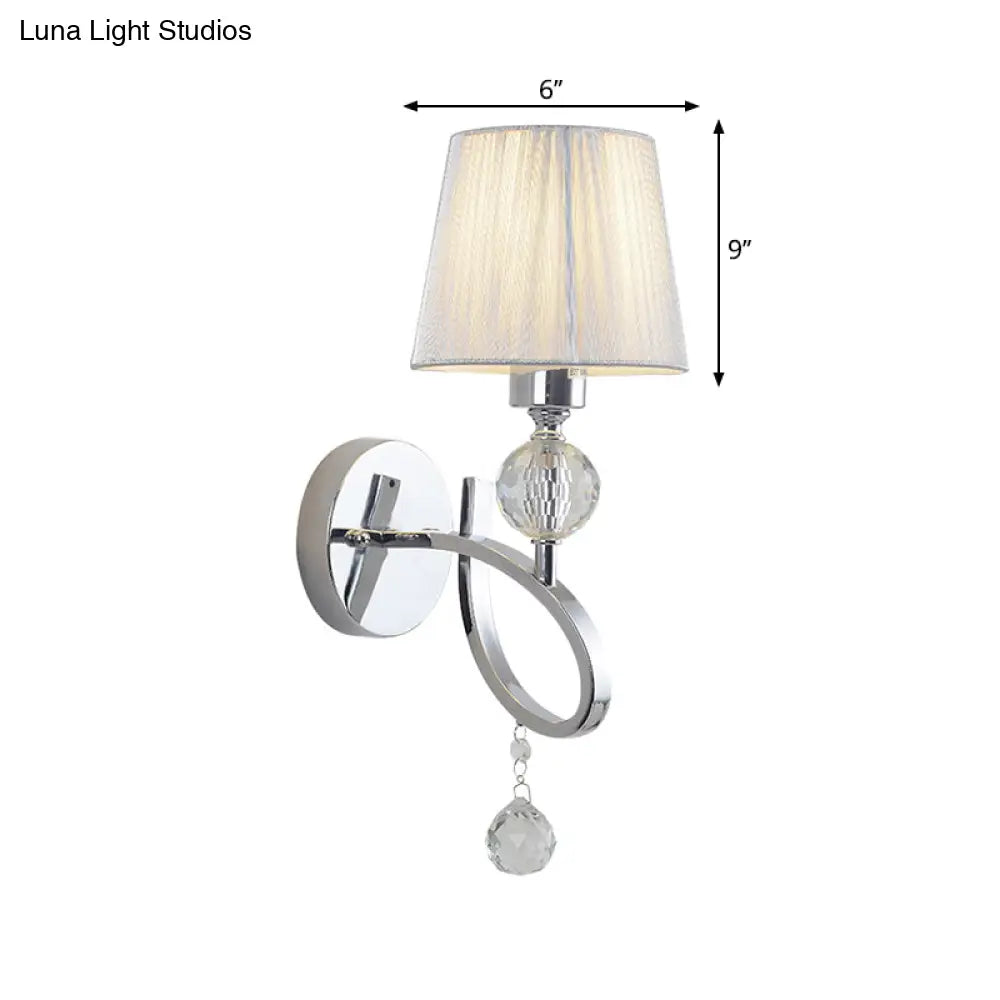 Conical Parlor Wall Lamp Fixture: 1-Light Classic Fabric Lighting With Crystal Drop In Chrome