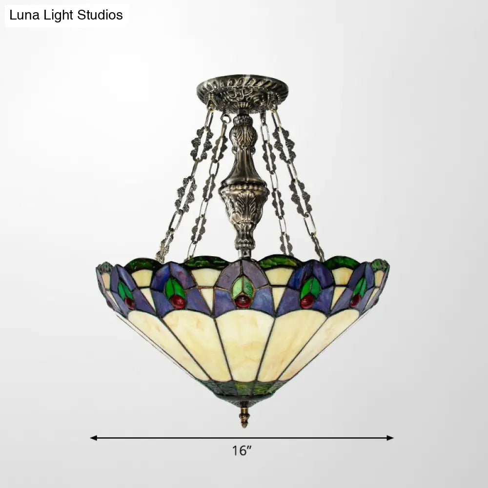 Conical Pendant Chandelier: 3-Light Stained Glass Hanging Light - Suitable For Dining Room Décor