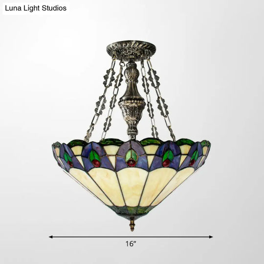 Conical Pendant Chandelier: 3-Light Stained Glass Hanging Light - Suitable For Dining Room Décor