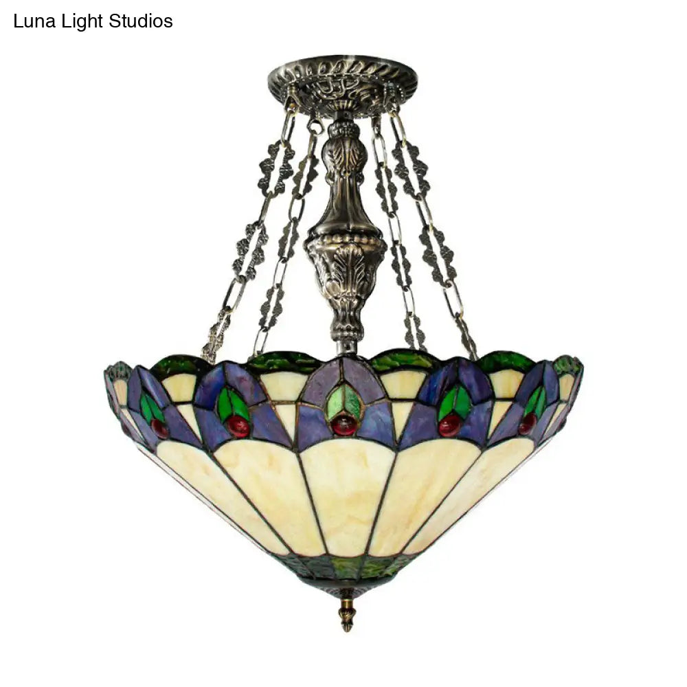 Beige Stained Glass Conical Pendant Chandelier - 3-Light Hanging Light For Dining Room