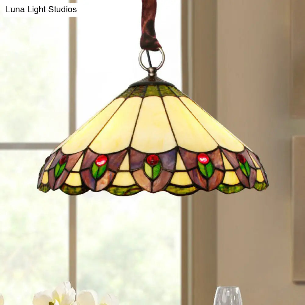 Beige Stained Glass Conical Pendant Chandelier - 3-Light Hanging Light For Dining Room / Down