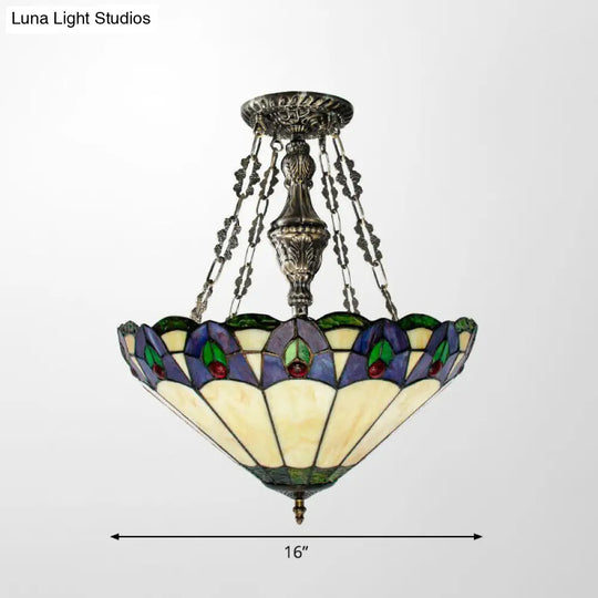 Beige Stained Glass Conical Pendant Chandelier - 3-Light Hanging Light For Dining Room