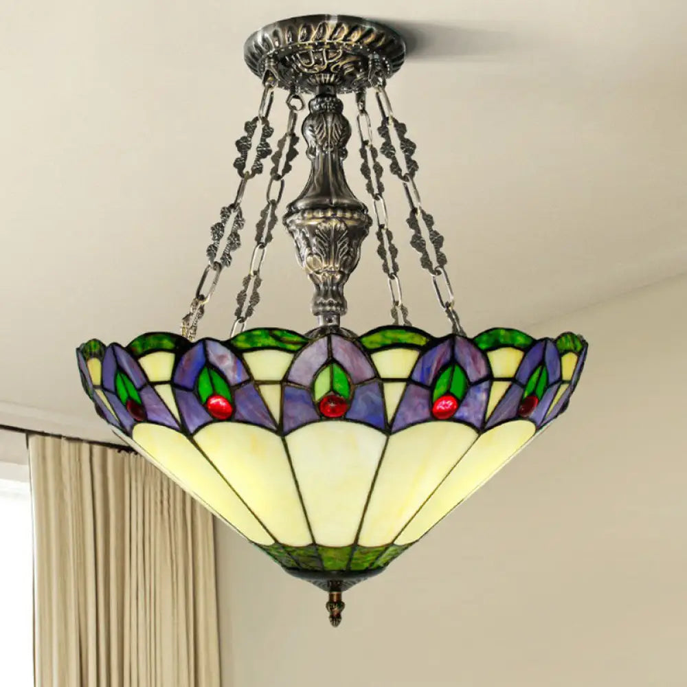 Conical Pendant Chandelier: 3-Light Stained Glass Hanging Light - Suitable For Dining Room Décor