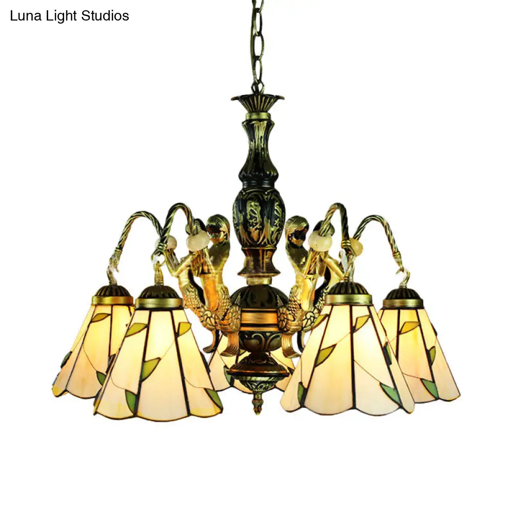 Tiffany Style Cut Glass Conical Pendant Chandelier With 5 Lights - Beige